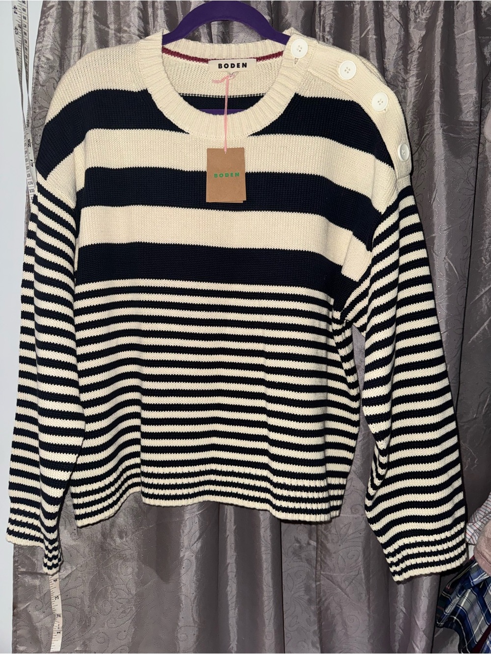 Boden Black and Cream Striped Button-Shoulder Sweater